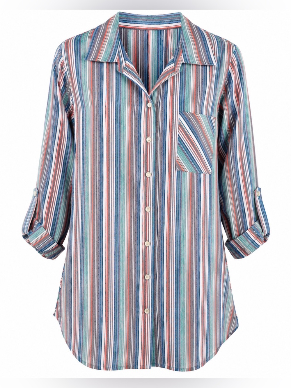 Ruby Rd Woman 1X Tapestry Traveler Striped Roll Tab Tunic Shirt Multicolor